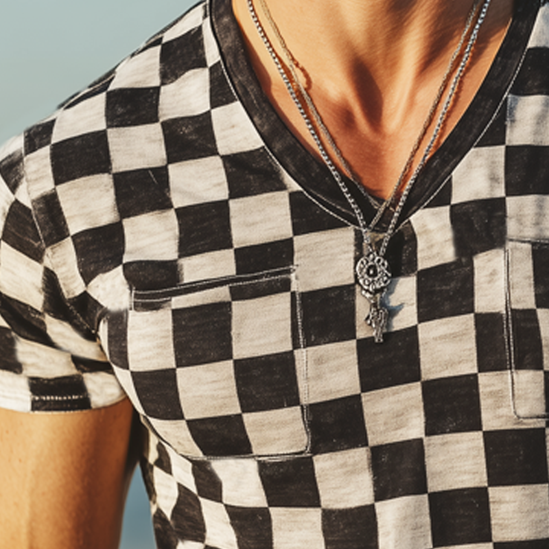 Men's Classic Checkerboard V-neck Short Sleeve T-Shirt MTA1827G2U
