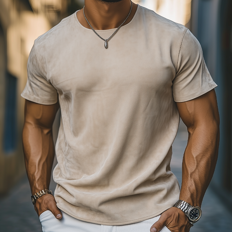 Men's Spring And Summer Casual Thin Suede Round Neck Short Sleeve T-Shirt MTA0165G7K