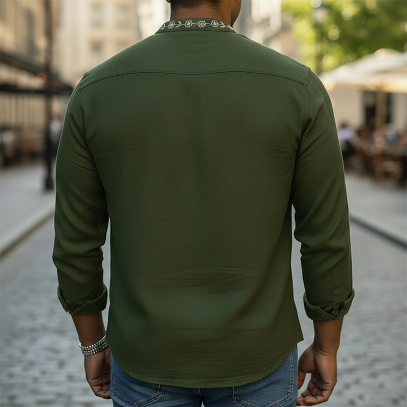 Men's Spring Retro Embroidered 100% Cotton Long-Sleeve Henley Shirt MTZ2241A8P