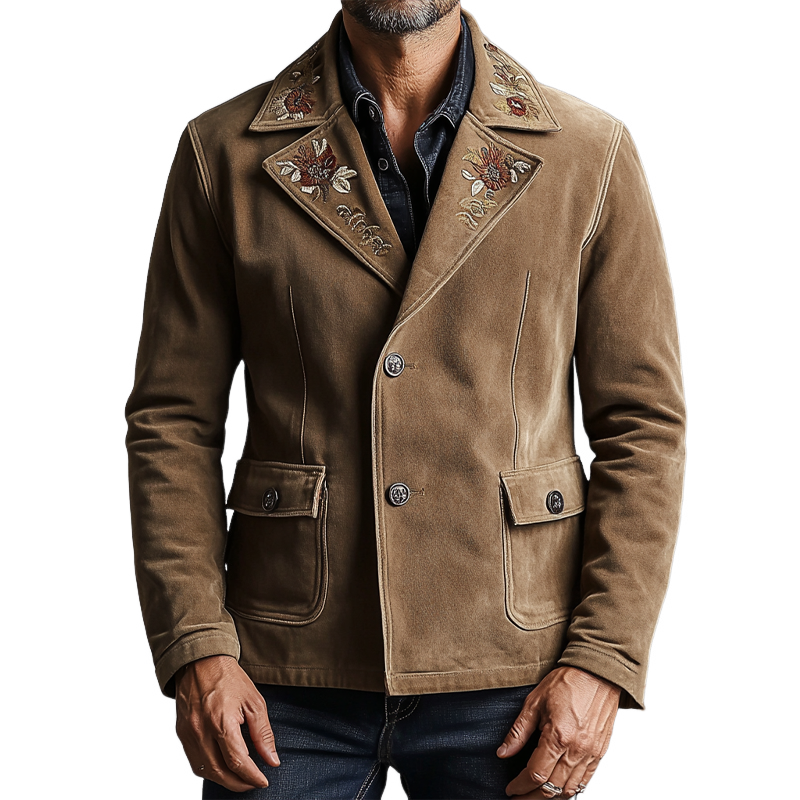 Men's Retro Embroidered Faux Suede Lapel Button Blazer MTA2853K2X