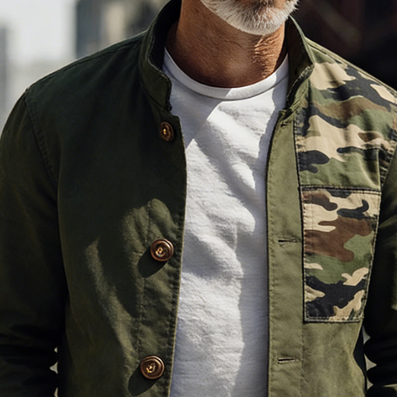 Men's Retro Casual Camouflage Patchwork Stand Collar Button Jacket MTA2206L6TO