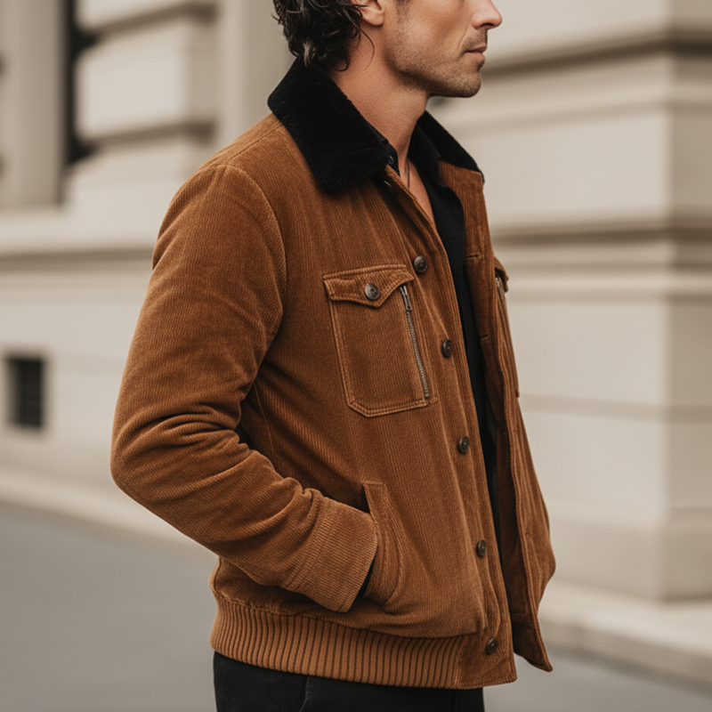 Men's Urban Caramel Corduroy Fur Collar Jacket MTA0980L5U