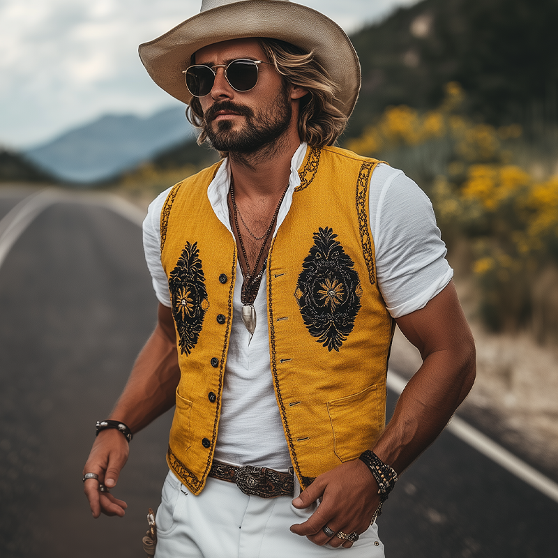 Men's Spring And Summer Casual American Retro Western Style Cotton And Linen Embroidered Vest MTA1643F1K