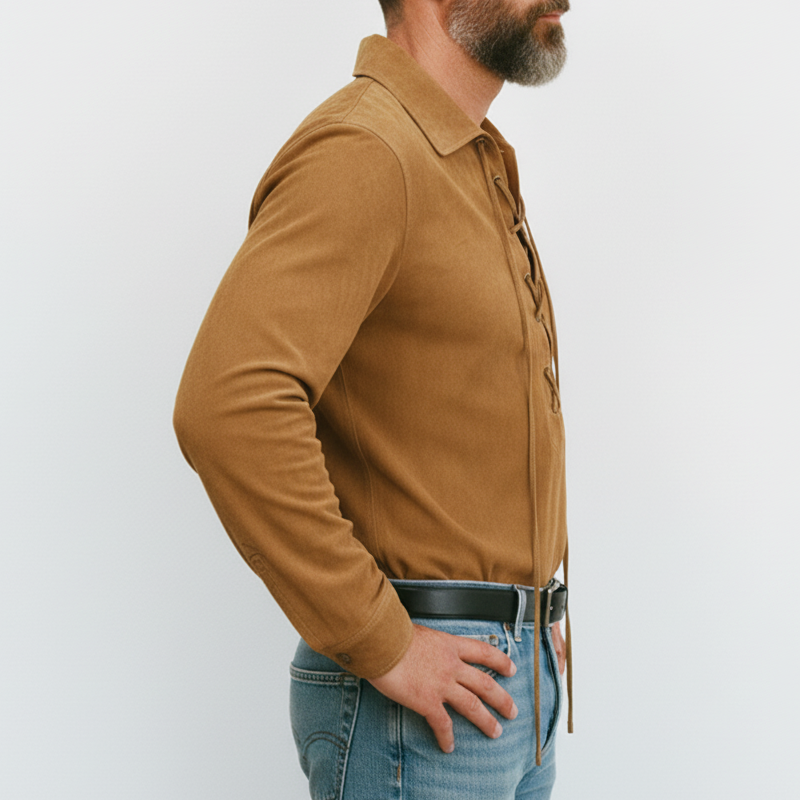 Men's Classic Western Style Suede Tie-Neck Long-Sleeve T-Shirt MTA0565L1U