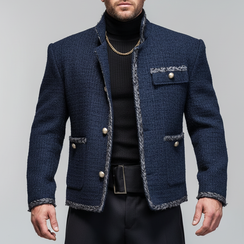 Men's Navy Blue Classic Chanel-Style Stand Collar Jacket MTA1067K3U