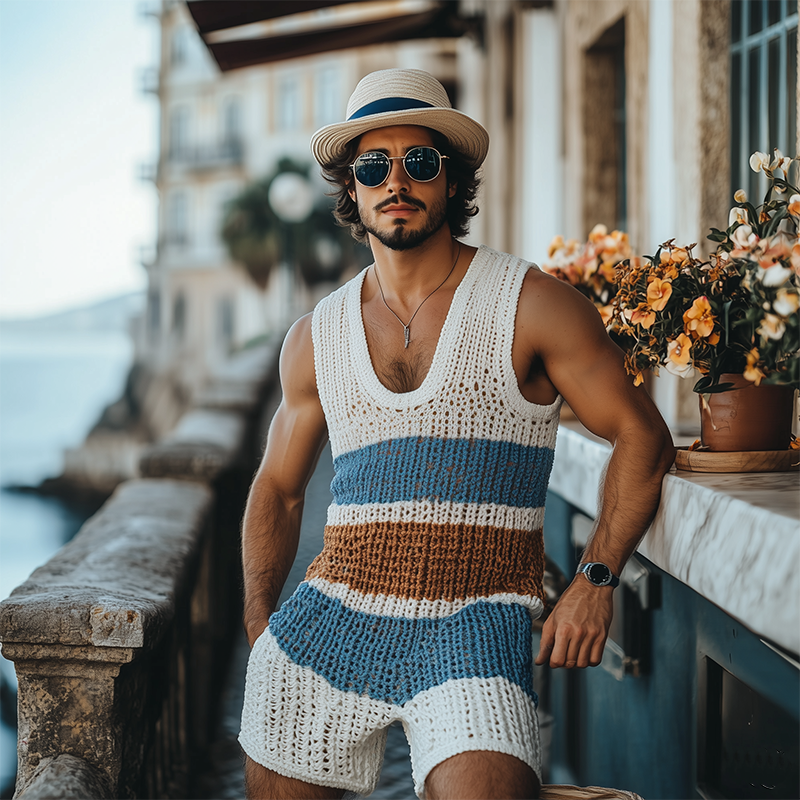 Men's Fashion Casual U-neck Contrast Striped Knitted Jumpsuit MTA2672F9K