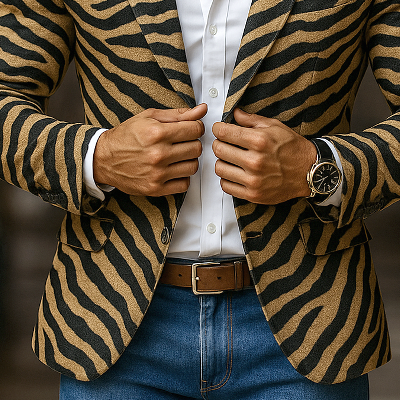 Men's Zebra Print Faux Suede Notch Lapel Two Buttons Blazer MTA0148I1Z