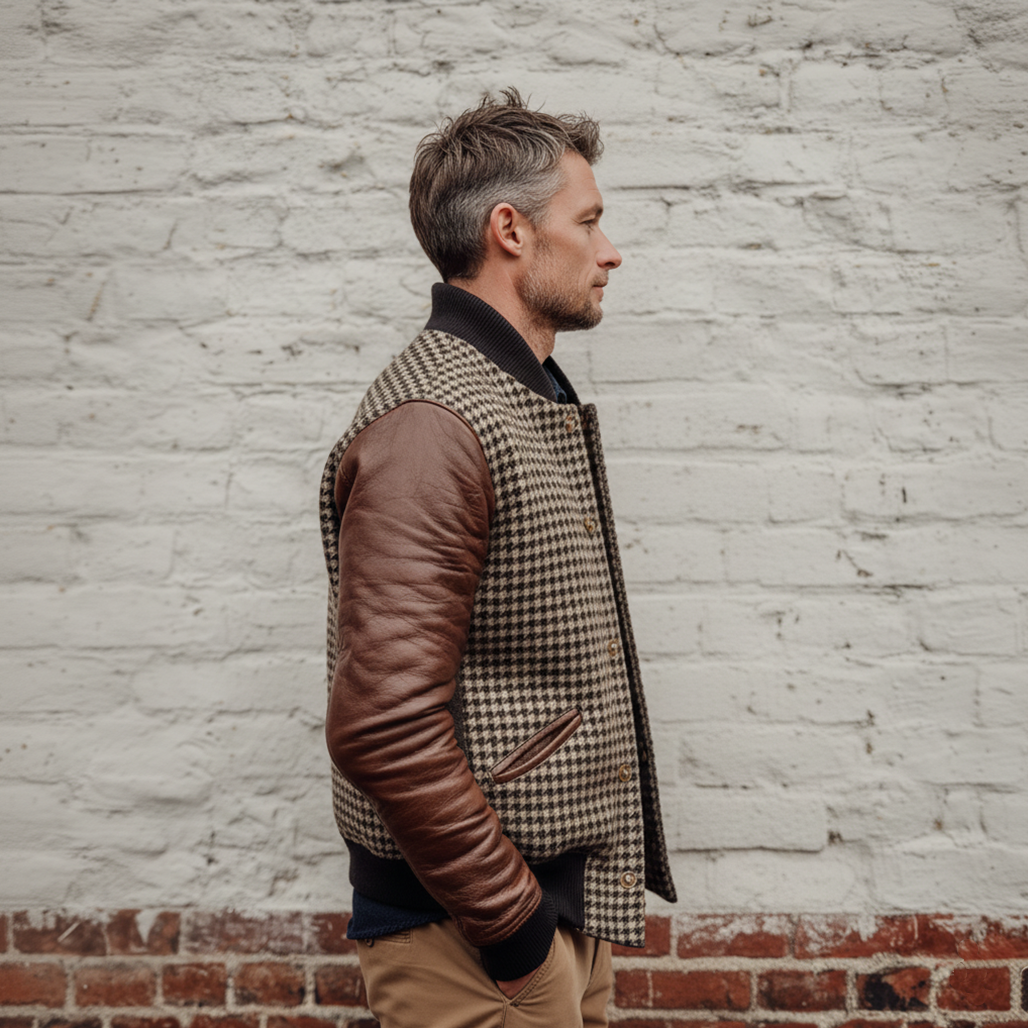 Men's Classic Casual Sleeves Stitching PU Leather Button Imitation Houndstooth Flight Jacket MTA2108J4K