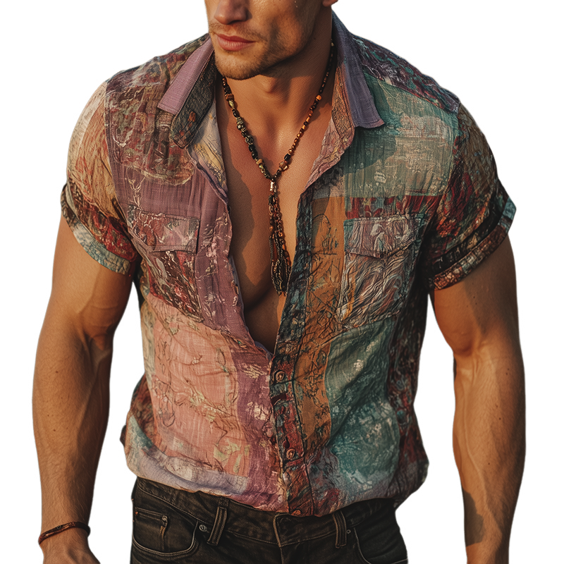 Men's Retro Casual Gradient Print Lapel Short Sleeve Shirt MTA1810G1TO