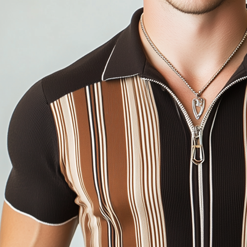 Men's Classic Striped Colorblock Knit Short Sleeve Zipper Polo Shirt MTA3002G1U