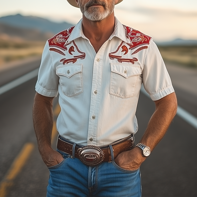 Men's Spring And Summer New Fashion Classic Retro Western Cowboy Style Cotton Blended Stitching Cotton And Linen Contrast Color Embroidery Short-Sleeved Shirt MTA0983E7K