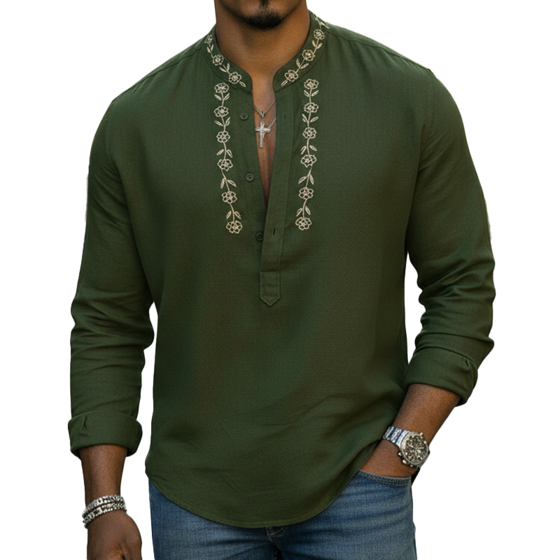 Men's Spring Retro Embroidered 100% Cotton Long-Sleeve Henley Shirt MTZ2241A8P