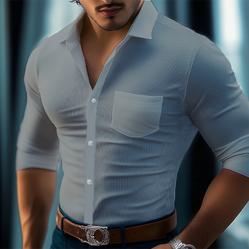 Men's Business Solid Color Striped Textured Long Sleeve Shirt MTA2943G8U