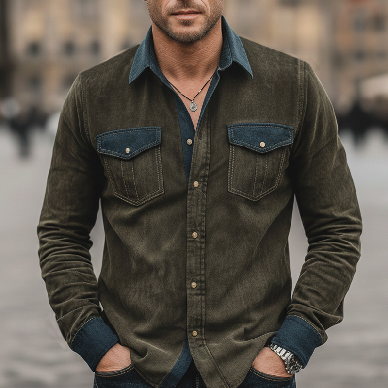 Men's Vintage-style Faux Suede And Dark Blue Denim Patchwork Long-sleeved Shirt MTZ1554A2U