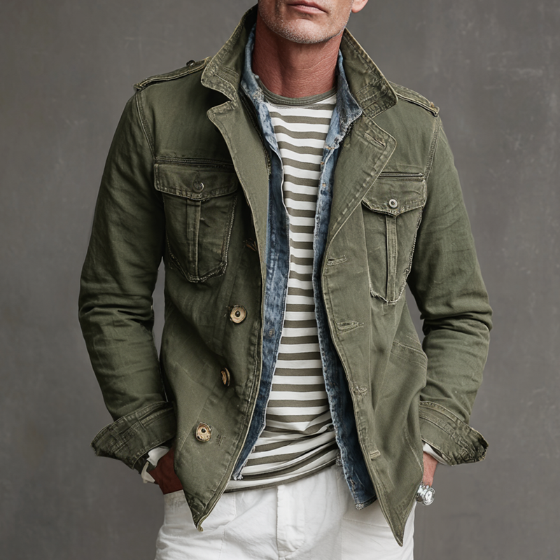 Men's Washed Distressed Military Style Lapel Multi-pocket Single Breasted Jacket MTA0569I9Z
