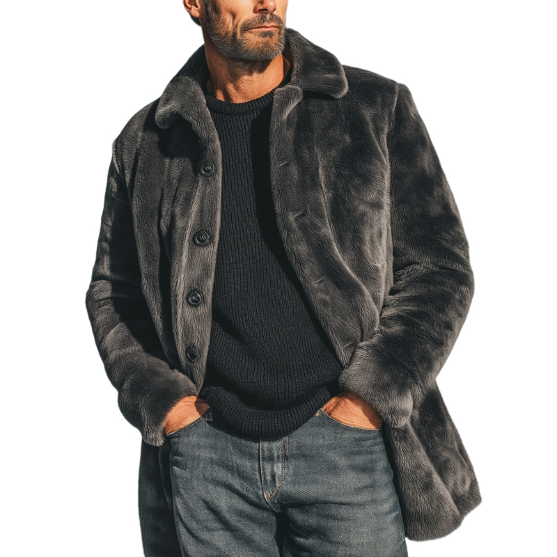 Men's Urban Warm Dark Gray Faux Mink Fur Button-up Coat MTA2578K6U