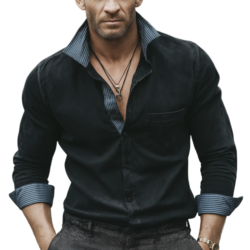 Men's Business Faux Suede Patchwork Striped Long-Sleeve Shirt MTZ0587A3U