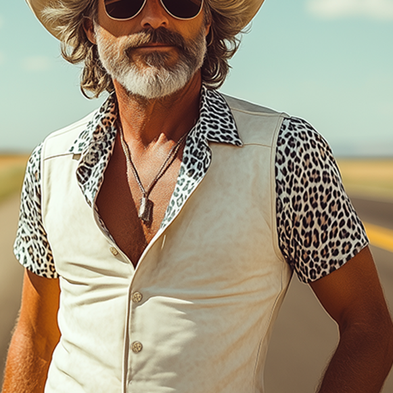 Men's Fashion Retro Western Cowboy Style Thin Suede Stitching Leopard Print Slim Short-Sleeved Shirt MTA1230E2K