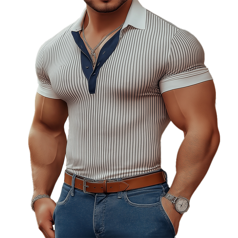 Men's Summer Slim Striped Knitted Short Sleeve Polo Shirt MTA2519G9P