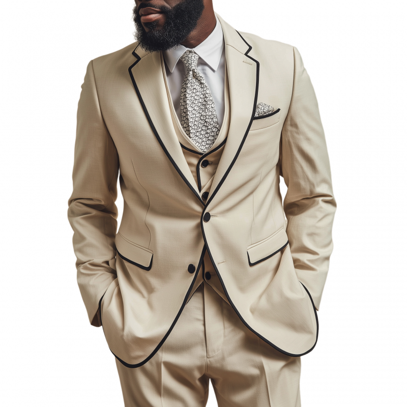 Men's Vintage Elegant Cotton Blend Colorblock Trim Notch Lapel Single-breasted Slim-fit Blazer MTA0493H4M