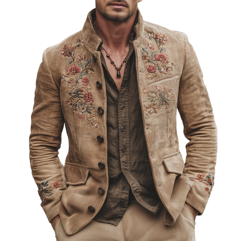Men's Retro Corduroy Stand Collar Floral Embroidery Double Slit Jacket MTA2094K2U