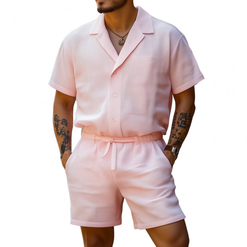Men's Casual Breathable Cotton Blended Waffle Lapel Slim Fit Short Sleeve Shorts Jumpsuit MTA1390F1M