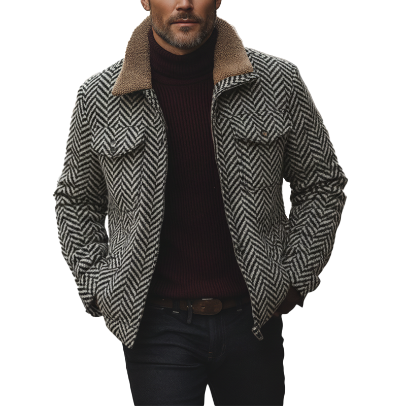 Men's Retro Herringbone Faux Wool Fleece Patchwork Jacket MTA0336K1P