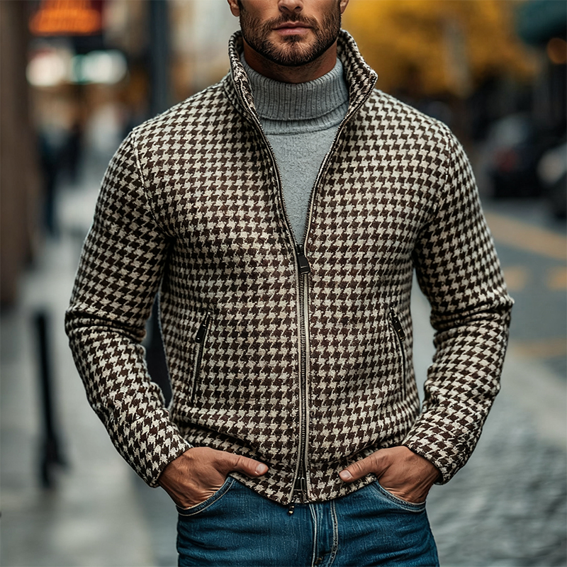 Men's Houndstooth Blend Tweed Lapel Zipper Jacket MTA2445J7X