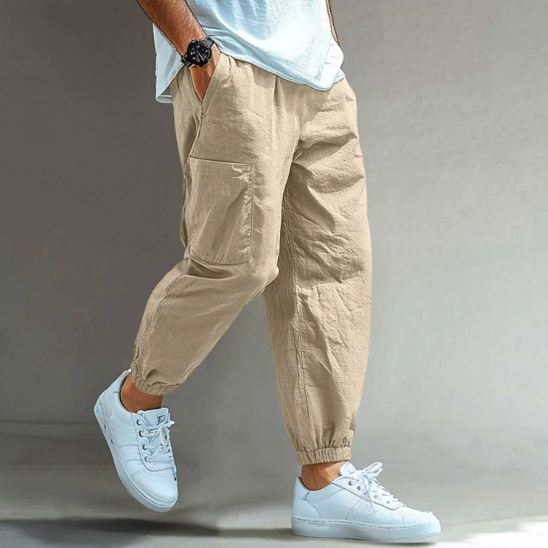 Men's Casual Solid Color Breathable Cotton Linen Blend Elastic Waist Multi-Pocket Cuffed Pants MTA2196G0M
