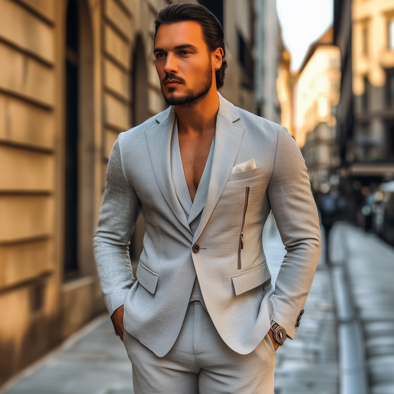 Men's Casual Solid Color Breathable Linen Notch Lapel Single-breasted Zipper Decorated Slim Fit Blazer MTA2836G5M