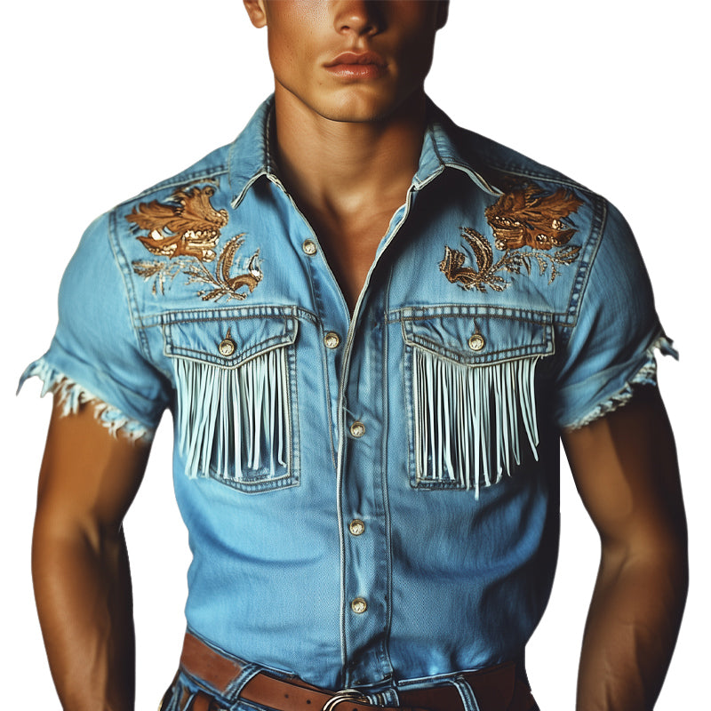 Men's Western Cowboy Style Embroidered Tassel Denim Short Sleeve Shirt MTA1426E5U