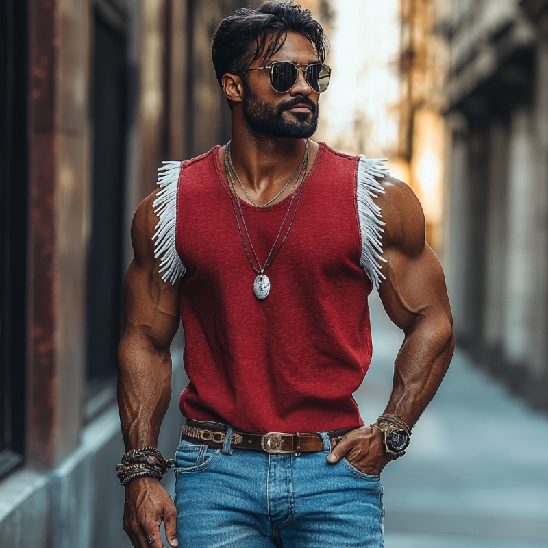Men's Casual Breathable Cotton Round Collar Contrast Color Tassel Loose Tank Top MTA2114E8M