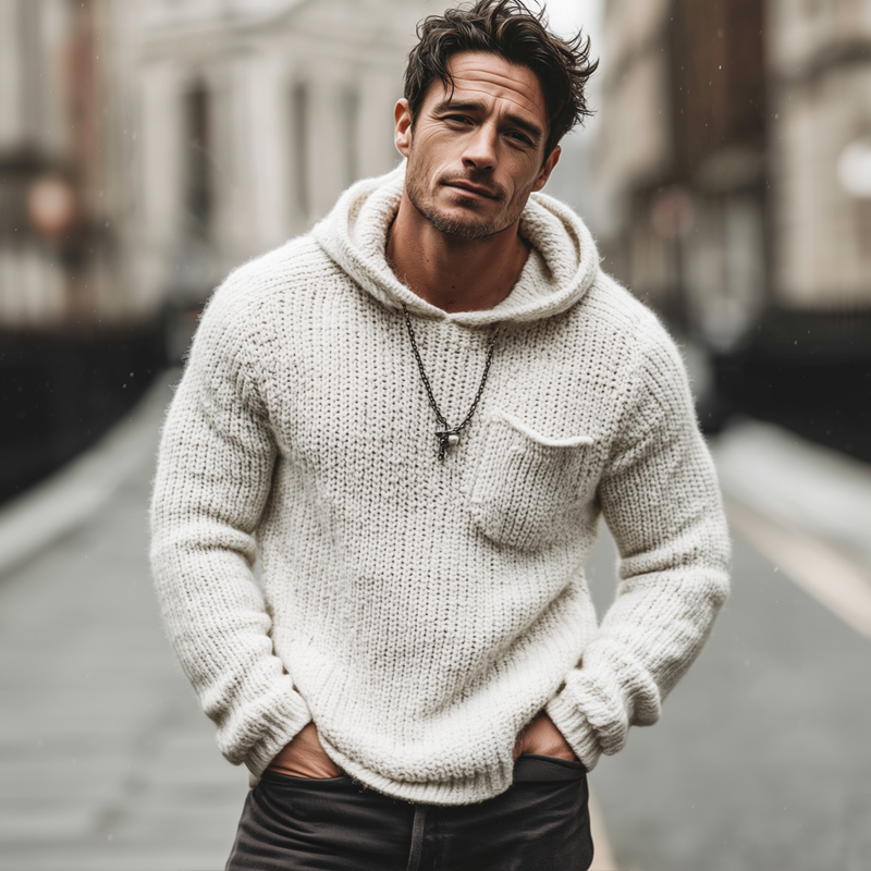 Men's Urban Casual White Knit Hoodie MTA3001K4U