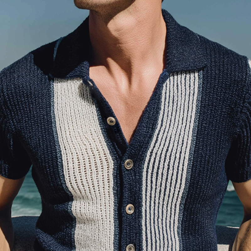 Men's Retro Casual Knit Striped Lapel Short-Sleeve Shirt MTZ0423B2TO
