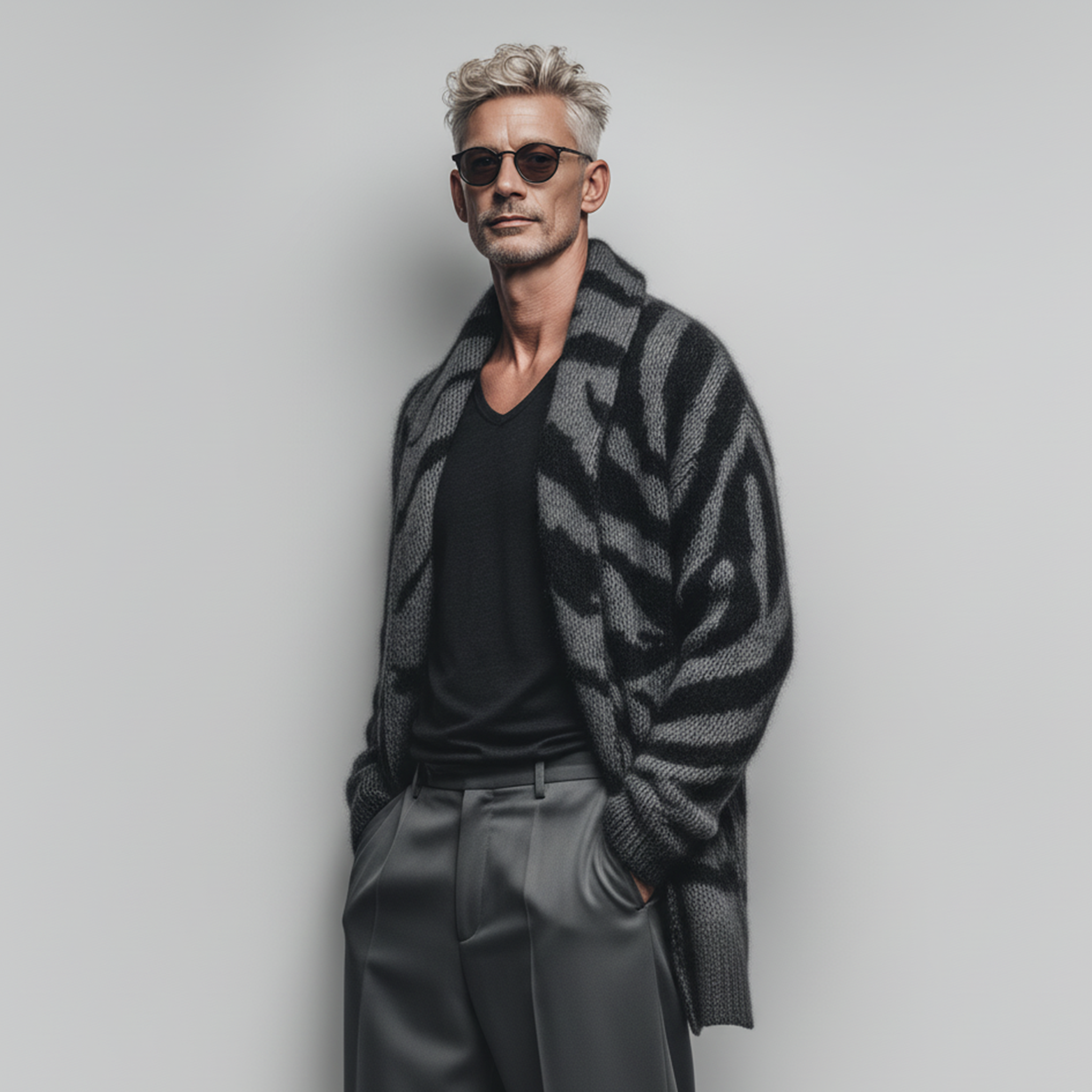 Men's Classic Fashionable Lapel Zebra Print Thigh-length Knitted Cardigan MTA1721J0K