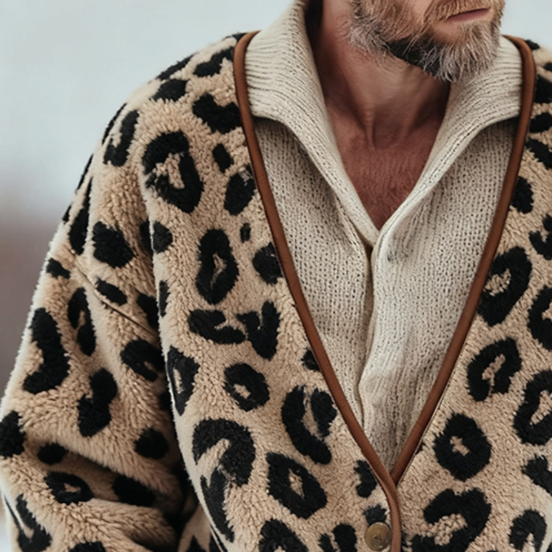 Men's Vintage Casual Leopard Fleece Button-Down Collarless Jacket MTA1680J0TO