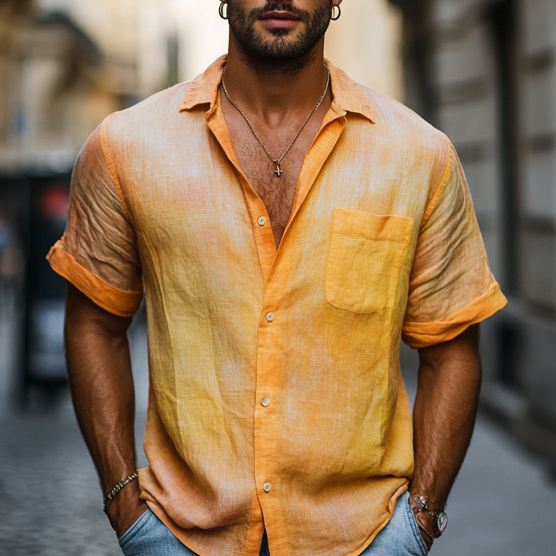 Men's Fashion Gradient Lapel Short Sleeve Casual Shirt MTA1457E0Z