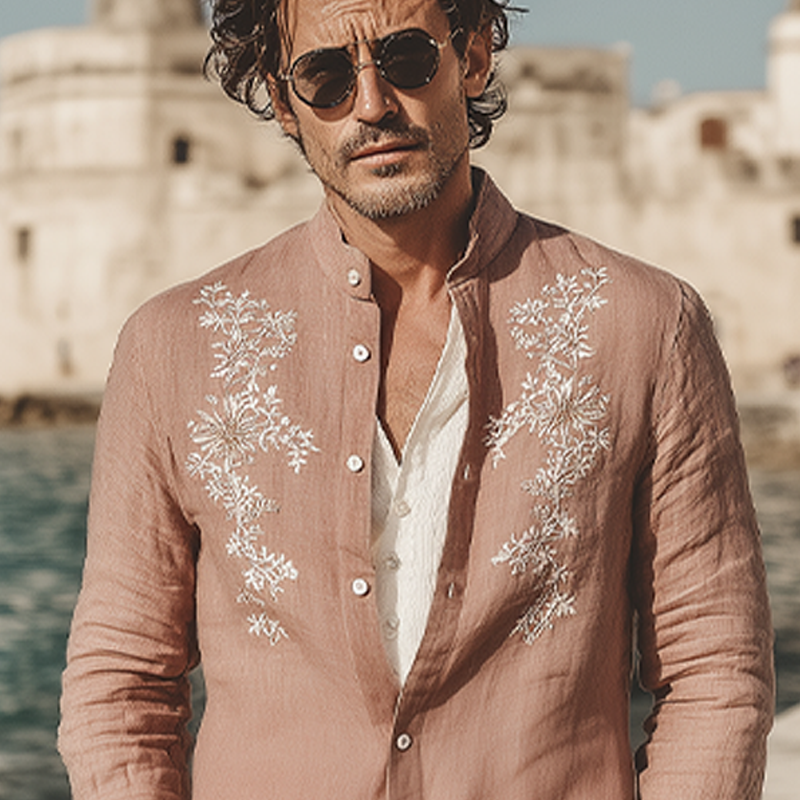 Men's Spring And Summer Retro Exquisite Embroidered Tencel Cotton Stand Collar Long Sleeve Shirt MTA1618G6K