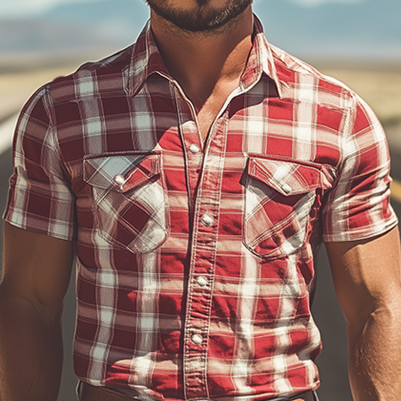Men's Summer Fashion Casual Retro Western Cowboy Style Plaid Cotton and Linen Short Sleeve Shirt MTA2828D4K