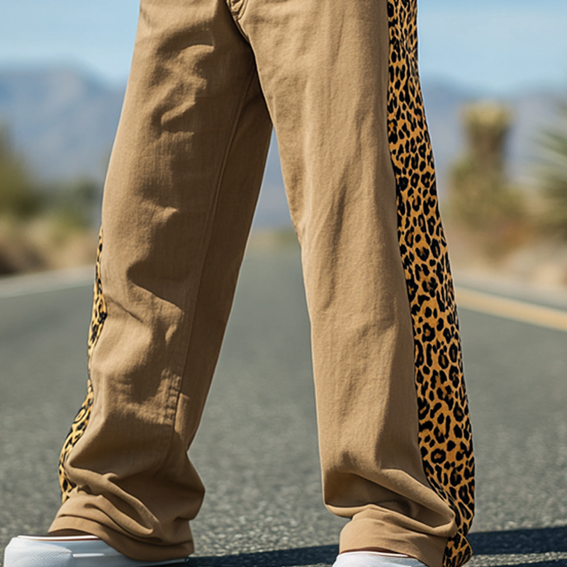 Men's Spring And Summer Casual Western Cowboy Style Cotton And Linen Splicing Leopard Print Loose Pants MTA1699E8K