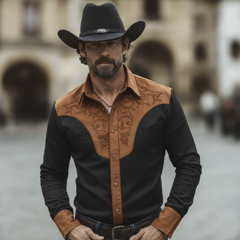 Men's Western-style Twill Cotton And Faux Suede Patchwork Embroidered Long-sleeved Shirt MTZ1318A5U