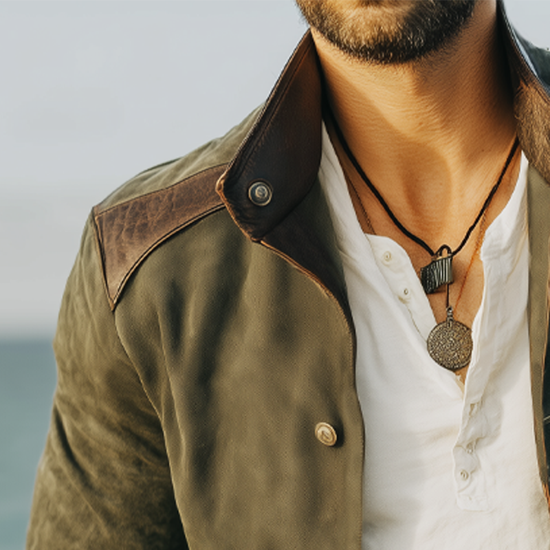 Men's Vintage Stand Collar Suede Button Leather Stitching Jacket MTA0679H0U