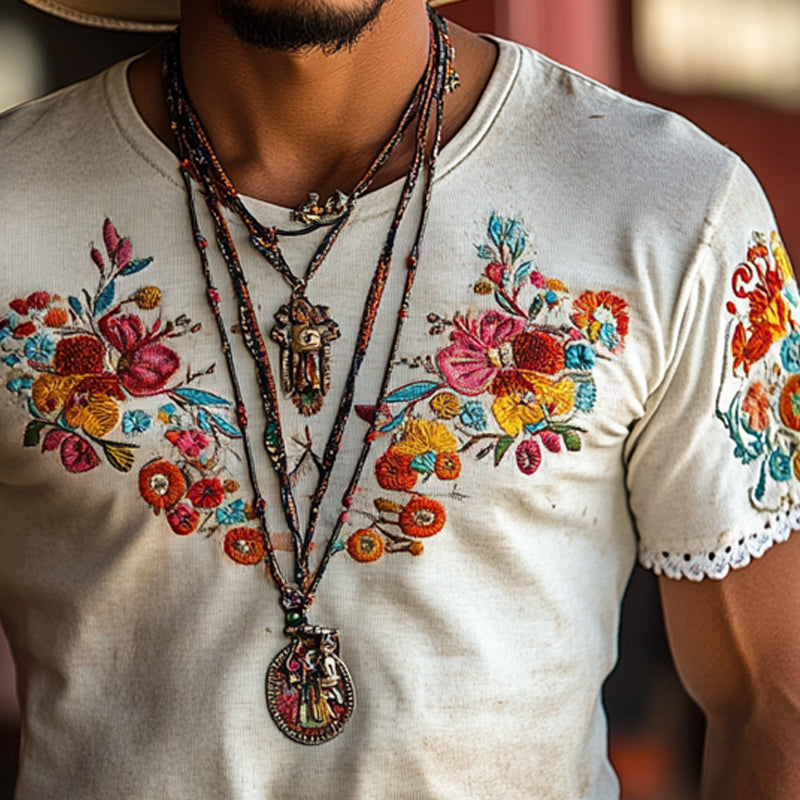 Men's Vintage Embroidered Round Neck Short Sleeve T-Shirt MTA2034E3X