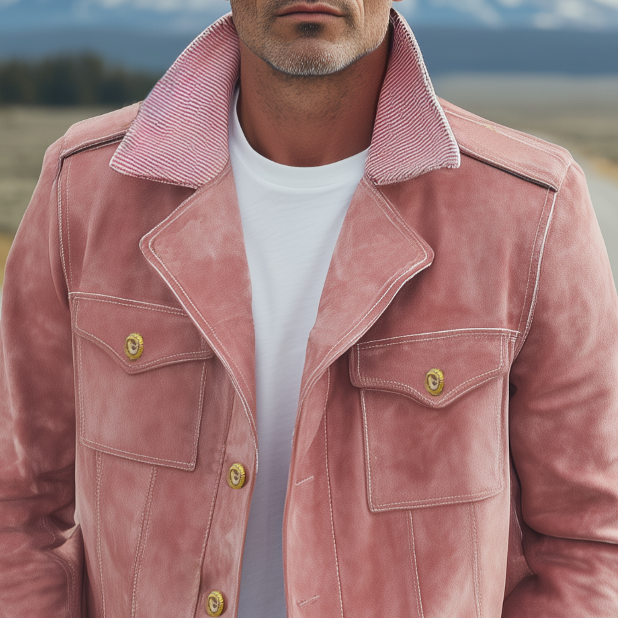 Men's Classic Vintage Collar And Cuffs With Corduroy Epaulettes In Pink Suede Motorcycle Jacket MTA2720H9K