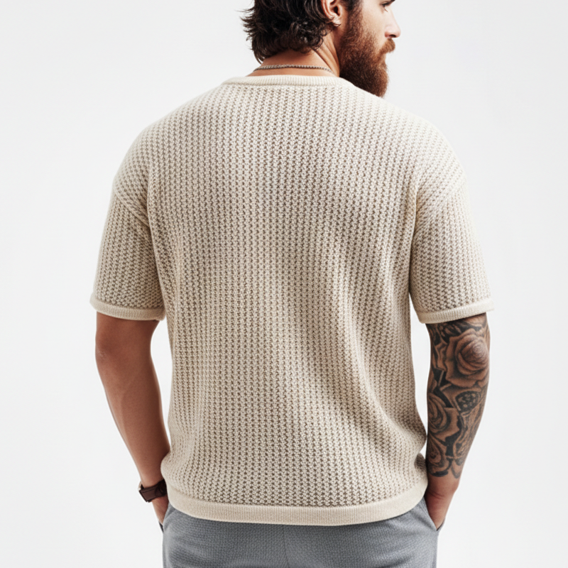 Men's Fashion Light Khaki Crew Neck Textured Knit Short-Sleeve T-Shirt MTZ1172B1U