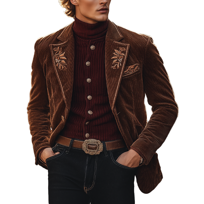 Men's Winter Retro Embroidered Corduroy Button Jacket MTA2119K8P