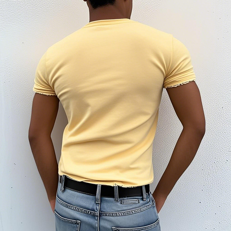 Men's Solid Raw Edge Holes Round Neck Short Sleeve T-shirt MTA2240D9Z