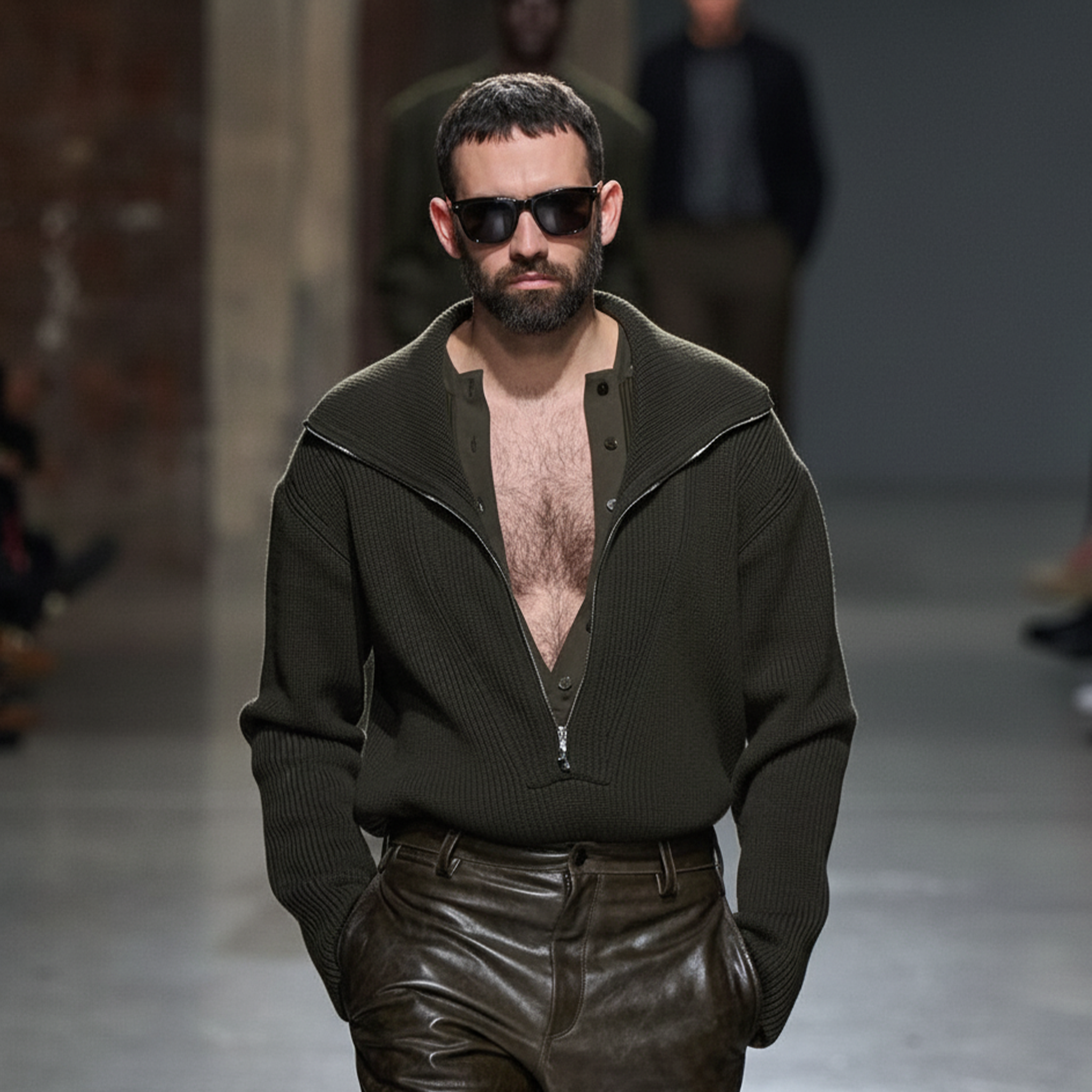 Men's Classic Retro Deep V-neck Zip-up Sweater MTA2811K5K