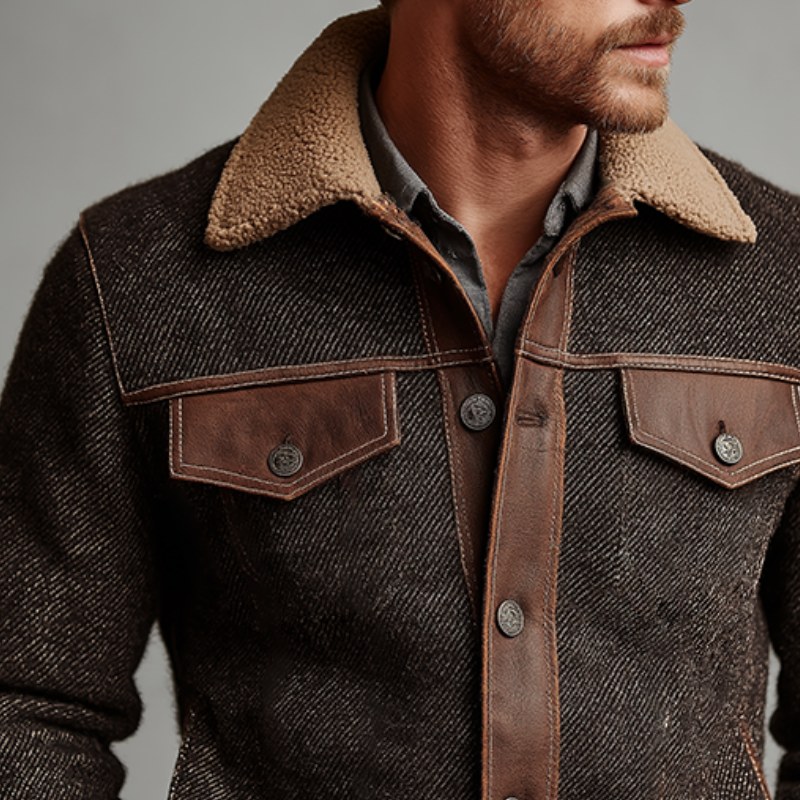 Men's Retro Casual Faux Leather Stitching Fur Collar Button Jacket MTA2456J1TO