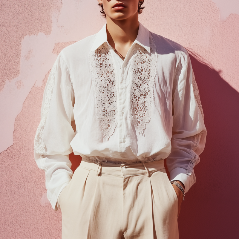 Men's Casual Breathable Lace Chiffon Patchwork Lapel Loose Long-sleeved Shirt MTA2090F1M